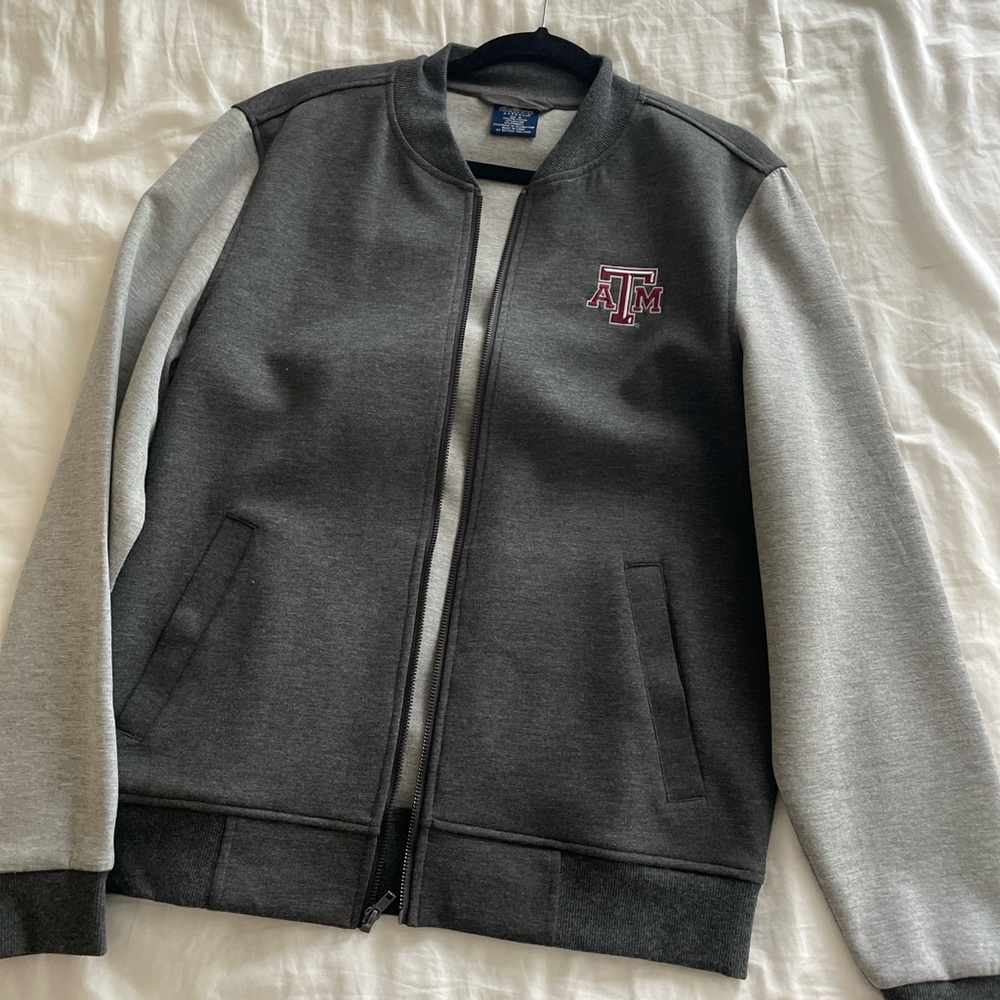 Gray and White Jacket with TAMU, A&M, Aggies Logo